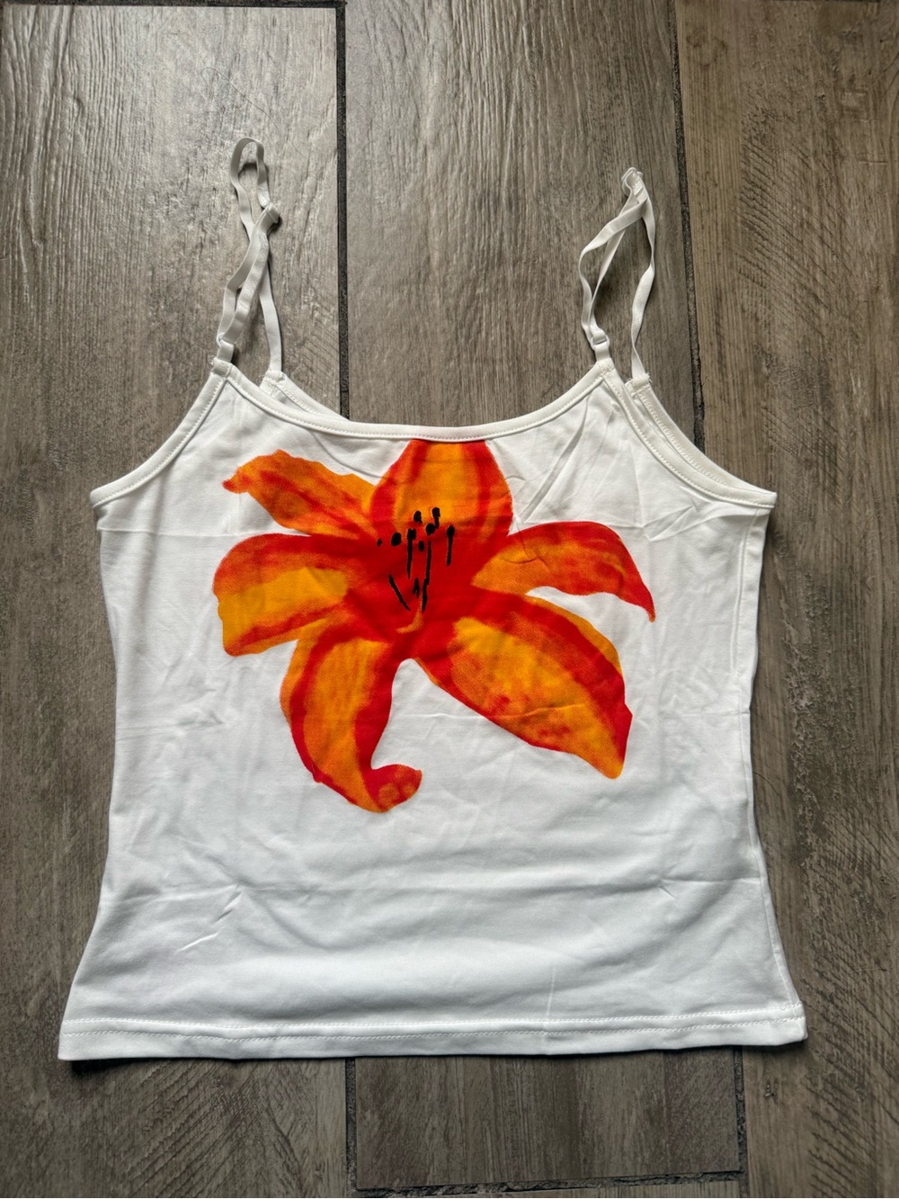 White Floral Cami Tank Top with Orange Lily